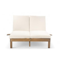 Praxatek Patio Double Chaise Lounge with 5-Position Adjustable Backrest, Acacia Wood Frame, 4-Inch Cushions, Seats 2, Gray (Light Teak)