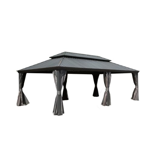 Spacious Hardtop Patio Gazebo with Removable Curtains and Netting for Private Outdoor Relaxation, Ventilated Shade Shelter with Double Canopy for Sun Protection (Grey)