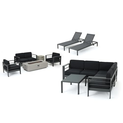 Christopher Knight Home Cape Coral 11-Piece Outdoor Aluminum Conversation Set with Chaise Lounge and Fire Table Gray + Dark Gray + Light Gray