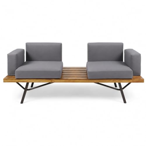 OYEFIT Acacia Wood Patio Loveseat with Gray Cushions and Metal Legs