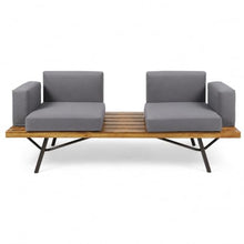 OYEFIT Acacia Wood Patio Loveseat with Gray Cushions and Metal Legs