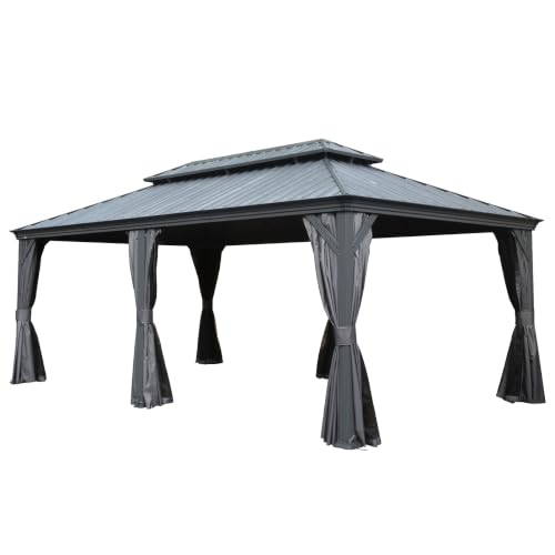 Neojoyoenix 12" x 18" Hardtop Gazebo, Upgraded Metal Gazebo with Drainage System, Dual-Layer Galvanized Steel Roof, Curtain and Netting, Outdoor Shelter Canopy for Patio, Garden, and Backyard, Grey