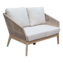 Pemberly Row Two-Seater Modern Outdoor Acacia Wood Sofa, Beige Finish, Woven Rope Accents, Fade Resistant Cushions, 31 in H x 51 in W x 31 in D, Comfortable Patio Seating