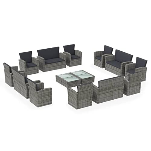 Heofavd 16pc Grey Garden Lounge Set, PE Rattan Patio Furniture w/Powder-Coated Steel Frame, Removable Cushions, Weather-Robust Outdoor Sectional for 28, Rectangular Tables, Easy-Clean