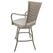 Pemberly Row Outdoor/Indoor Pub Set, 36 in Round Table, 30 in Seat Height Stools with Arms, UV Powder-Coated Beige Metal Frame, Valley Linen Beige Fabric, Durable Bar Height Dining Set for Patio or