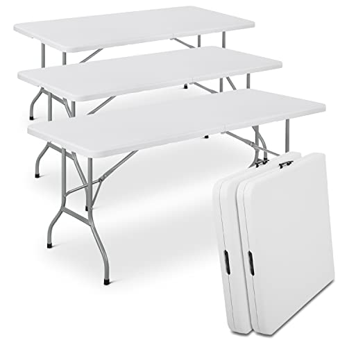 MoNiBloom 8Ft Folding Heavy Duty Utility 5-Piece Table Set, Indoor Outdoor Portable Plastic Wedding Event Picnic Table w/Steel Legs and Handle, White