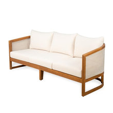 Christopher Knight Home Catania Acacia Wood Outdoor 3 Seater Sofa with Cushions, Wooden Patio Sofa Couch with Cushion, Comfy Garden Cloud Sofa Couch with Textilene Armrest, Teak+ Beige