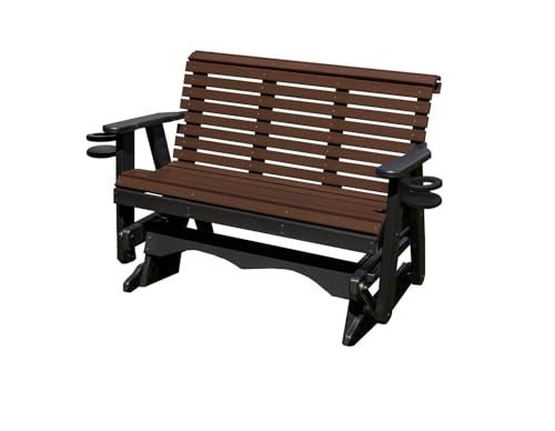 5 FT Brown Amish-Made Porch Glider – 1000 lb Heavy-Duty Poly Lumber wood Roll Back Glider – USA Crafted HDPE Outdoor Seating Furniture - Stainless Steel Hardware – Smooth, Quiet Glide - CupHolders