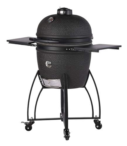 Saffire Carbon Kamado – Large Ceramic Grill and Smoker, 19" Charcoal Grill with Crucible Firebox, Smokin’ Chip Feeder, Two-Piece Heat Deflector, Multi-Grids, Ash Tool – Matte Black