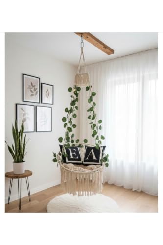 Macrame Swing Hammock Chair Handmade Ecru Cotton Rope for Adults and 220 lb Capacity 31.5 inch Diameter Steel Ring 23.6 inch Seat 31.5 Backrest for Indoor Outdoor Use