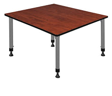 Romig Adjustable Classroom Table Cherry with 4 Navy Blue Stack Chairs