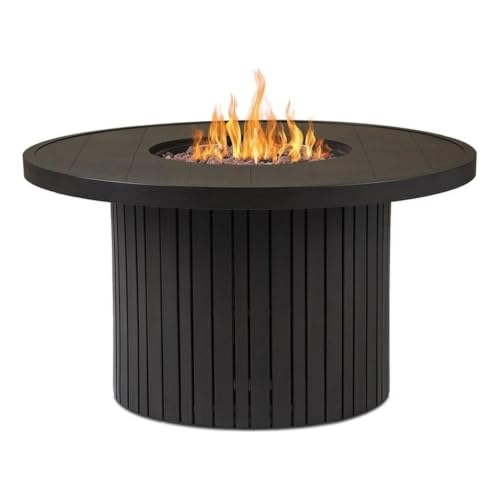 Real Flame Calvin 44in Round Propane Fire Pit Table, 50,000 BTU, Hidden Tank Storage, Aluminum, Push-Button Ignition, Lava Rock, Storage Cover, Stainless Steel Burner with Lid (Bronze Coral)