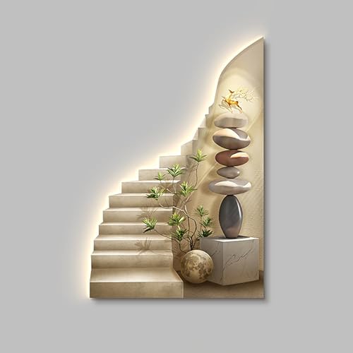 FILWY 3D Wall Art Decor with LED Light, Large Landscape Painting for Living Room, Bedroom, Corridor & Entrance, Vertical Design, 27.61x55.1in (Light Yellow 23.6x31.5in)