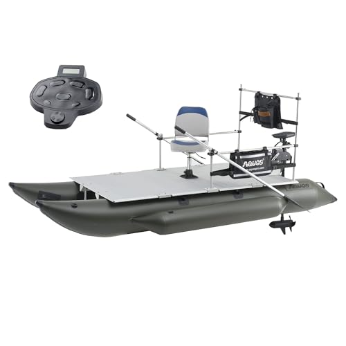 AQUOS Heavy-Duty Inflatable Pontoon Boat with Stainless Steel Guard and Trolling Motor Remote Control 12V 55LBS with FootControl