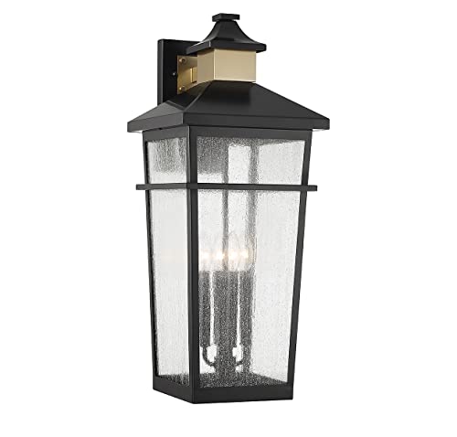 Savoy House 5-716-143 Kingsley Coastal Modern Clear Seeded Glass Outdoor Wall Lantern, 4-Light 160 Total Watts, 28" H x 12" W, Matte Black with Warm Brass
