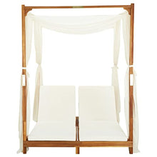 Xolmizyn Double Sun Lounger with Canopy and Curtains, Solid Acacia Wood Outdoor Daybed for Garden Patio, Adjustable Headrest Foldable 2-Person Lounge Chair, Cream White