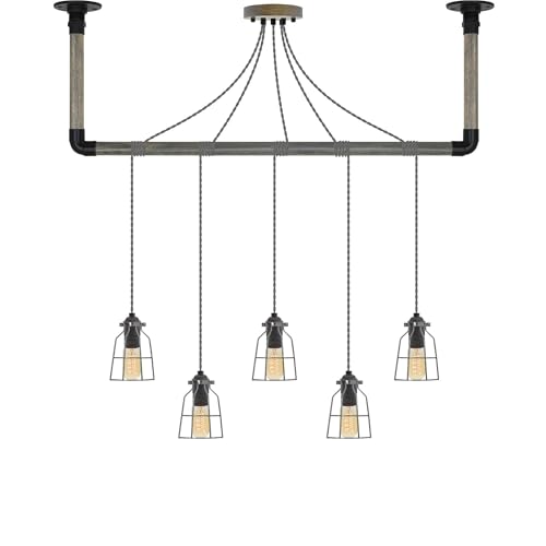 Grey and Black Steel Cage Pendant Light Pipe Wrap with Grey Wood and Black Hanging Bracket - Hangout Lighting - 5 Pendants