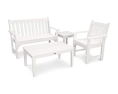 Polywood Vineyard 4-Piece Outdoor Bench Seating Set - White HDPE Patio Furniture with Coffee Table and Side Table - Garden Bench Conversation Set for Deck, Backyard & Poolside
