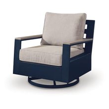Beco Outdoor Swivel Glider Chair, Beige Nuvella Cushions, Navy Blue Metal