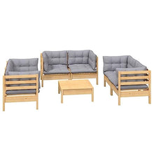 Heofavd 7 Piece Garden Lounge Set Grey Solid Pine Wood Modular Patio Furniture Set with Cushions, 6 Seater Outdoor Sectional Furniture for Patio Balcony Conservatory