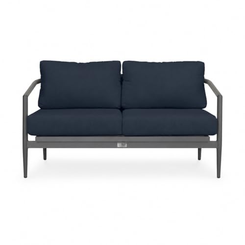 Golden Flame Outdoor Loveseat, 2-Seat Patio Sofa with Powder-Coated Aluminum Frame, Olefin Rope Back, Sunbrella Cushions - Black Finish Frame, Spectrum Indigo Fabric