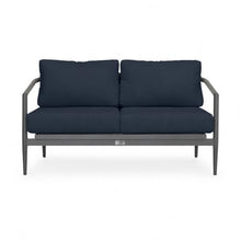 Golden Flame Outdoor Loveseat, 2-Seat Patio Sofa with Powder-Coated Aluminum Frame, Olefin Rope Back, Sunbrella Cushions - Black Finish Frame, Spectrum Indigo Fabric