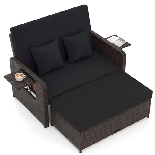 Tangkula Patio Rattan Daybed with 4-Level Adjustable Backrest, Outdoor PE Wicker Loveseat with Storage Ottoman & Folding Side Tray, Double Sunbed Lounger for Balcony, Backyard & Poolside, Black