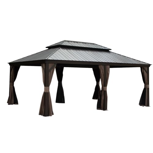 Outdoor Living 14x20FT Hardtop Gazebo, Permanent Metal Gazebo with Galvanized Steel Double Roof and Aluminum Frame, Curtain and Netting, Large Pavilion Gazebo for Patio Deck Garden