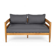 Christopher Knight Home Kayim Patio Loveseat Coffee Table Set with Curved Arm and Backrest, Acacia Wood Conversation Sofa Chat Set, Outdoor Furniture Set for Backyard Deck, Light Teak+Dark Gray