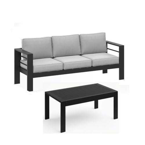 callmego Stylish All-Weather Metal Patio Ottoman with Thick Cushioned Seat for Outdoor Living Spaces and Backyard Relaxation (Black+ Gray + Olefin)