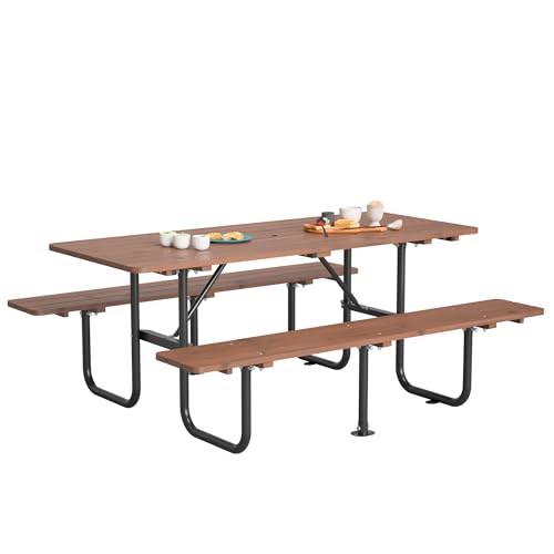 WZONICE98 72" Wooden Picnic Table for 6 Persons, Heavy Duty Outdoor Dining Set with Built-in Benches & 1.97" Umbrella Hole, Weather-Resistant Rectangular Table for Garden, Backyard, BBQ, Courtyard