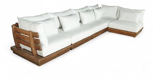 Meridian Furniture 111White-Sec5B Mirella Collection Modern | Contemporary Outdoor Patio L-Shaped 5pc. Modular Sectional with Solid Teak Frame, Water Resistant Fabric, 150" W x 75" D x 27" H, White