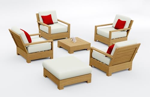 TeakStation 6 Pc Teak Wood Lounge Chair Set: 4 Lounge Chairs, Ottoman & Side Table with Cushions in Outdoor Sunbrella Fabric #5404 Canvas Natural