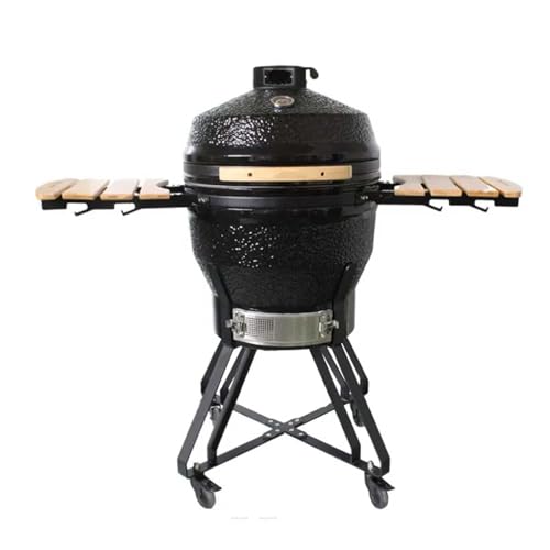 26in Ceramic BBQ Grill, Ceramic Smoker with Stainless Steel Grates,Thermometer, 2 Wooden Handle,Outdoor Cooking,Camping,Picnic(A,26in)