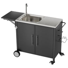 KEIKI Outdoor Grill Table with Sink & Foldable Worktop, 304 Stainless Steel BBQ Cart with Storage Cabinet & Wheels, Outdoor Kitchen Prep Station with Large Basin for Backyard, Garden, Patio