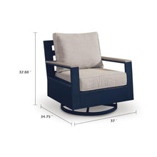 Beco Outdoor Swivel Glider Chair, Beige Nuvella Cushions, Navy Blue Metal