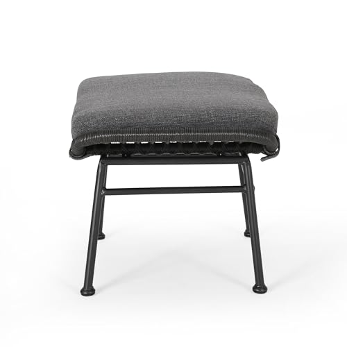 Benzara Margo Outdoor Ottoman Set of 2, 24 Inch Iron with Cushion Gray Black