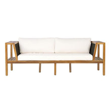 Merax Acacia Wood Outdoor Loveseat with Cream Cushion, Coastal Style Patio Daybed Loveseat Sofa with Rope Side Panels & Built-in Side Storage Shelves, 2-Seater Patio Bench for Garden Backyard