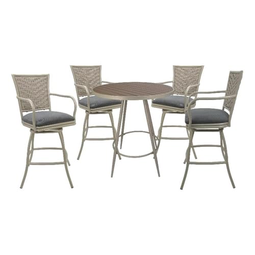 Pemberly Row Outdoor/Indoor Pub Set, 30" Bar Height Stools with Arms, Gray Linen Fabric, Beige Powder-Coated Frame, 36" Round Table with Rust Center, Durable Design for Patio or Home Bar