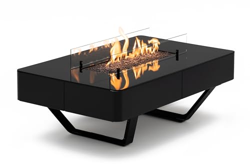 Planika Rio Table - Outdoor Fireplace, Propane-Fueled Fire Pit Table, Black Glass Top - Cover Included (Optional - Gas Tank Cover)