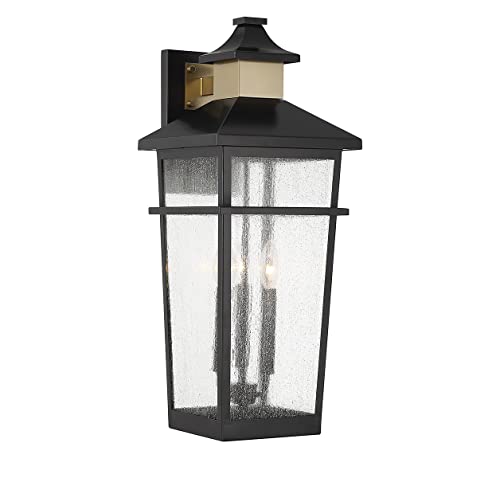 Savoy House 5-715-143 Kingsley Coastal Modern Clear Seeded Glass Outdoor Wall Lantern, 3-Light 120 Total Watts, 25" H x 10" W, Matte Black with Warm Brass