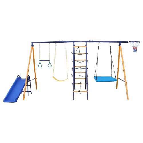 HaoKang 7-in-1 Outdoor Metal Swing Set with Slide & Accessories Blue