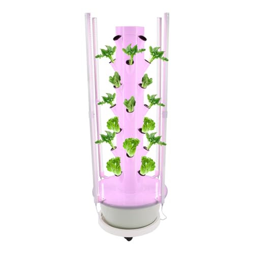 Hydroponics Growing System Kit with Wheels, 7-Layer 28-Planting Vertical Garden Vegetables Hydroponic Tower with LED Grow Lights, 3-Level Lighting Modes, 24-Hour Cycle Timer (White and Light Green)