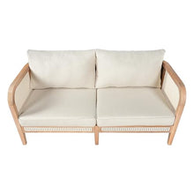 Christopher Knight Home Kirby Acacia Wood 2-Seater Outdoor Sofa Couch, Patio Loveseat Sofa with Cushions, Modern Love Seat with Wicker Accent, Spacious Seating Couch for Backyard/Porch, Natural+Beige