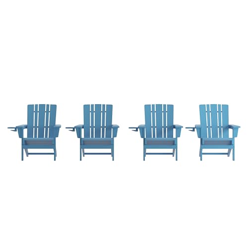 Flash Furniture Halifax Adirondack Chairs with Cup Holders, Weather Resistant Poly Resin Adirondack Chairs, Set of 4, Blue