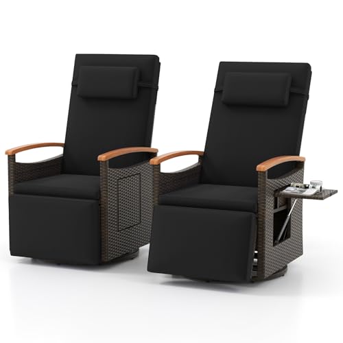 ORALNER Patio Reclining Swivel Wicker Chair, Outdoor Rattan Chaise Lounge Recliner with Adjustable Backrest & Footrest, Flip Side Table and Soft Cushions, for Porch, Lawn, Poolside (2, Black)