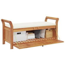 Xolmizyn Outdoor Storage Bench with Cream Cushion, 50 Inch Solid Acacia Wood Garden Seating for Backyard, Patio, Deck, Porch, Deck Box with Storage Space