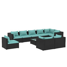 PUGYNBK 10-Piece Black and Blue Poly Rattan Garden Lounge Set with Modular Design and Weather-Resistant Cushions for Outdoor Patio Seating