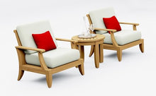TeakStation 3 Pc Teak Wood Lounge Chair Set: 2 Lounge Chairs & Round Side Table with Cushions in Outdoor Sunbrella Fabric #5404 Canvas Natural