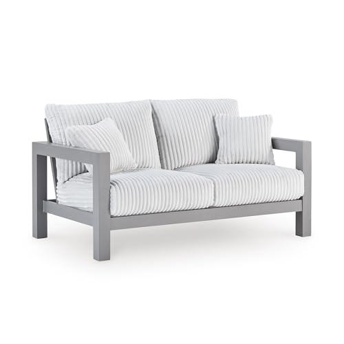 Signature Design by Ashley Moonlight View Contemporary Outdoor Nuvella Weather Resistant Fabric Loveseat with Cushion and 2 Throw Pillows, White & Light Gray